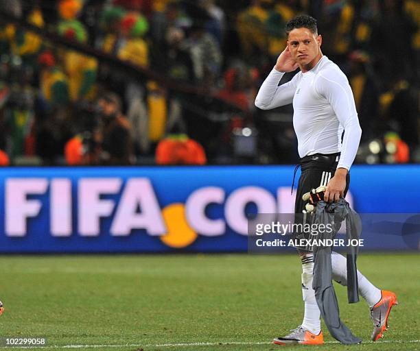 South Africa's goalkeeper Moeneeb Josephs looks dejected at the end of the Group A first round 2010 World Cup football match France vs. South Africa...