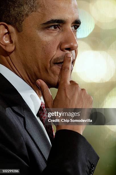 President Barack Obama delivers speaks during an event to mark the 90-day anniversary of the signing of the Affordable Care Act June 22, 2010 in...