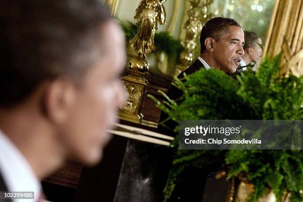 President Barack Obama speaks during an event to mark the 90-day anniversary of the signing of the Affordable Care Act June 22, 2010 in Washington,...