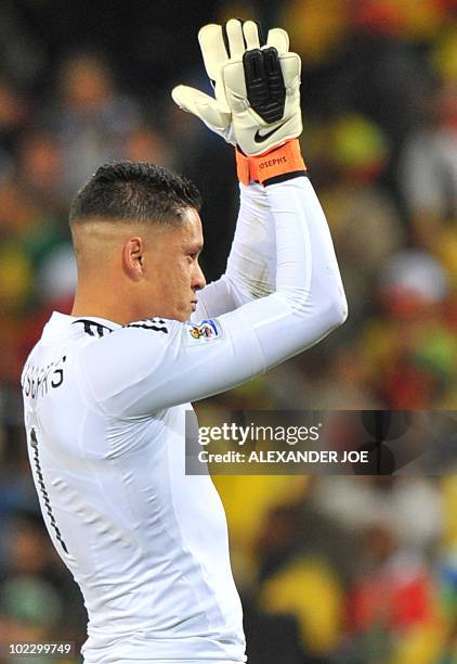 South Africa's goalkeeper Moeneeb Josephs reacts at the end of the Group A first round 2010 World Cup football match France vs. South Africa on June...
