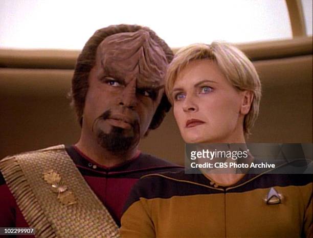 From left, American actor Michael Dorn and American actress Denise Crosby in a scene from the final episode of the television series 'Star Trak: The...