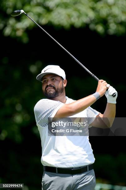 Spaun tees off on the eighth hole during the second round of the Quicken Loans National at TPC Potomac on June 29, 2018 in Potomac, Maryland.