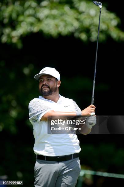 Spaun tees off on the eighth hole during the second round of the Quicken Loans National at TPC Potomac on June 29, 2018 in Potomac, Maryland.