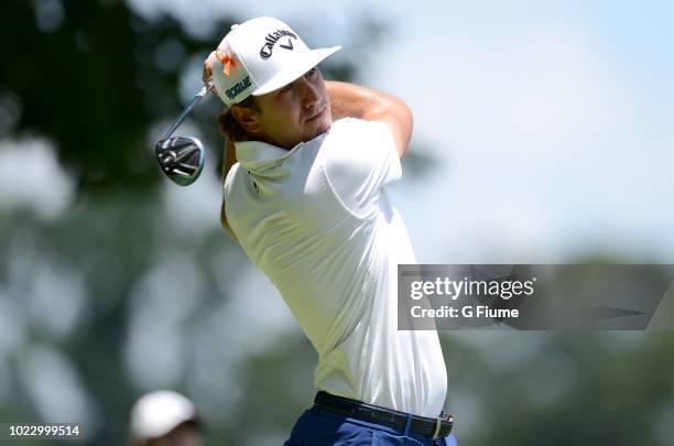 Kelly Kraft tees off on the eighth hole during the second round of the Quicken Loans National at TPC Potomac on June 29, 2018 in Potomac, Maryland.