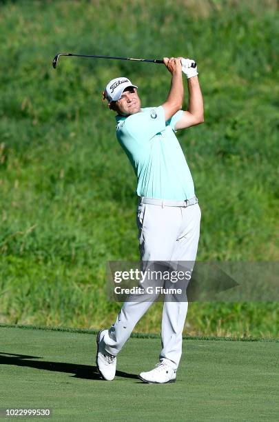 Bill Haas hits a shot on the tenth hole during the second round of the Quicken Loans National at TPC Potomac on June 29, 2018 in Potomac, Maryland.