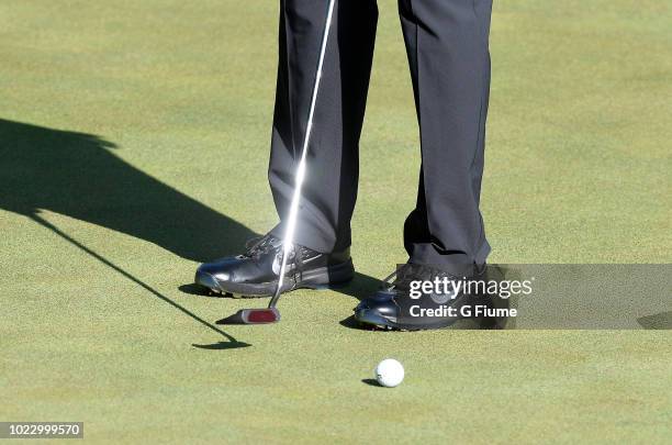 Tiger Woods uses a new putter on the tenth hole during the second round of the Quicken Loans National at TPC Potomac on June 29, 2018 in Potomac,...