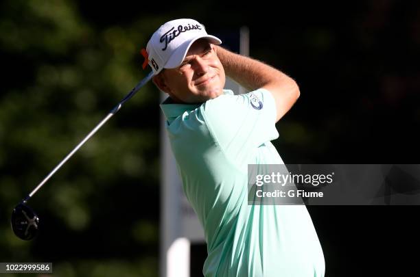 Bill Haas tees off on the 11th hole during the second round of the Quicken Loans National at TPC Potomac on June 29, 2018 in Potomac, Maryland.