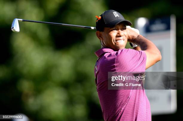 Tiger Woods tees off on the 11th hole during the second round of the Quicken Loans National at TPC Potomac on June 29, 2018 in Potomac, Maryland.