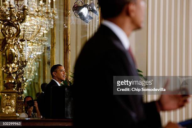 President Barack Obama delivers remarks during an event to mark the 90-day anniversary of the signing of the Affordable Care Act June 22, 2010 in...