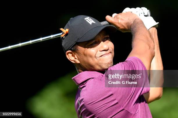 Tiger Woods hits a tee shot on the 12th hole during the second round of the Quicken Loans National at TPC Potomac on June 29, 2018 in Potomac,...