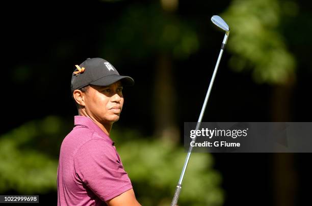 Tiger Woods hits a tee shot on the 12th hole during the second round of the Quicken Loans National at TPC Potomac on June 29, 2018 in Potomac,...