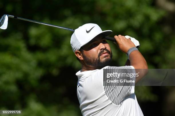 Spaun tees off on the 12th hole during the second round of the Quicken Loans National at TPC Potomac on June 29, 2018 in Potomac, Maryland.