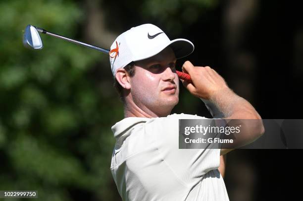 Harris English tees off on the 12th hole during the second round of the Quicken Loans National at TPC Potomac on June 29, 2018 in Potomac, Maryland.