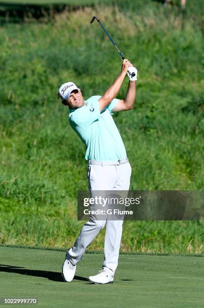 Bill Haas hits a shot on the tenth hole during the second round of the Quicken Loans National at TPC Potomac on June 29, 2018 in Potomac, Maryland.