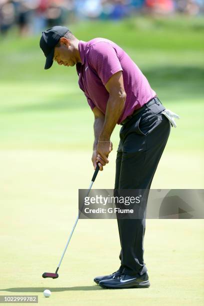 Tiger Woods putts on the sixth hole during the second round of the Quicken Loans National at TPC Potomac on June 29, 2018 in Potomac, Maryland.