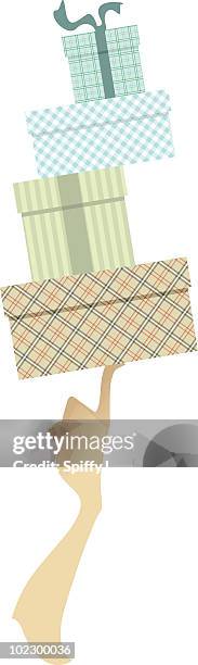 shopping and balancing stack of presents with one hand - pile of rocks white background stock illustrations