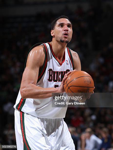 Dan Gadzuric of the Milwaukee Bucks shoots a free throw against the Miami Heat on March 26, 2010 at the Bradley Center in Milwaukee, Wisconsin. NOTE...