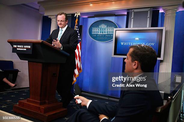 White House Press Secretary Robert Gibbs reacts as he speaks during the daily news briefing June 22, 2010 at the White House in Washington, DC. Gibbs...
