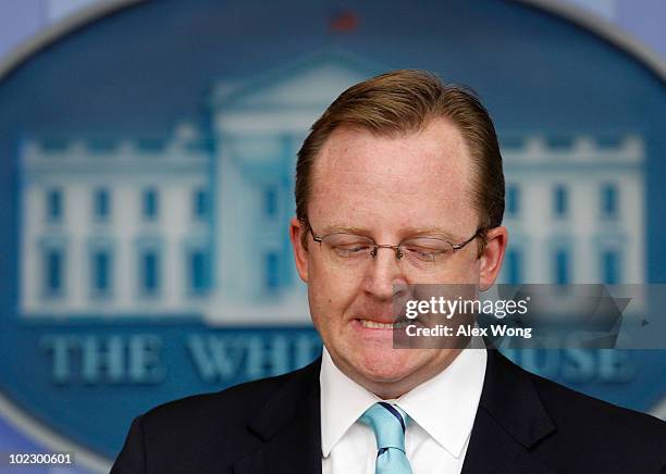 White House Press Secretary Robert Gibbs reacts as he speaks during the daily news briefing June 22, 2010 at the White House in Washington, DC. Gibbs...