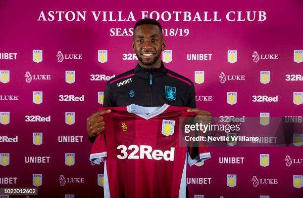 New signing Yannick Bolasie of Aston Villa poses for a picture as he is unveiled as a new signing, at the club's training ground at Bodymoor Heath on...