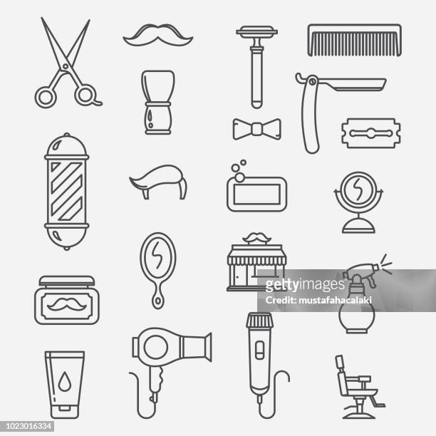 ilustrações de stock, clip art, desenhos animados e ícones de barbershop lineart icons - estilo de cabelo