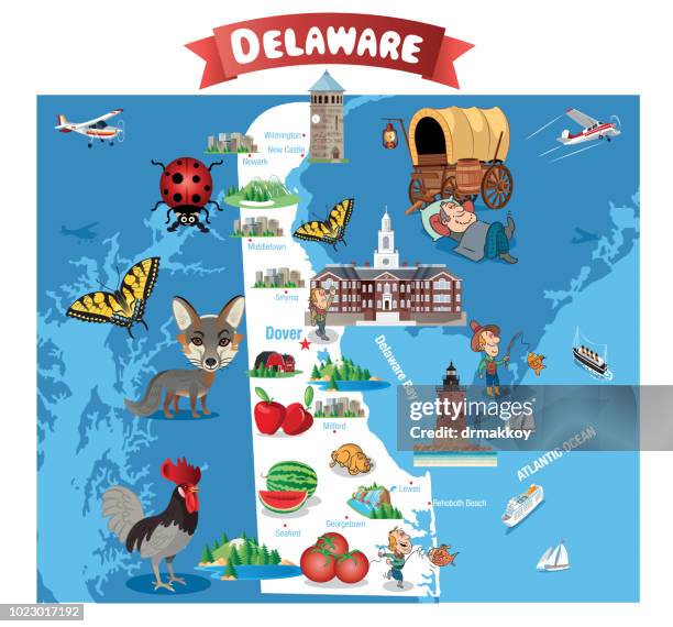 cartoon-karte von delaware - dover delaware stock-grafiken, -clipart, -cartoons und -symbole