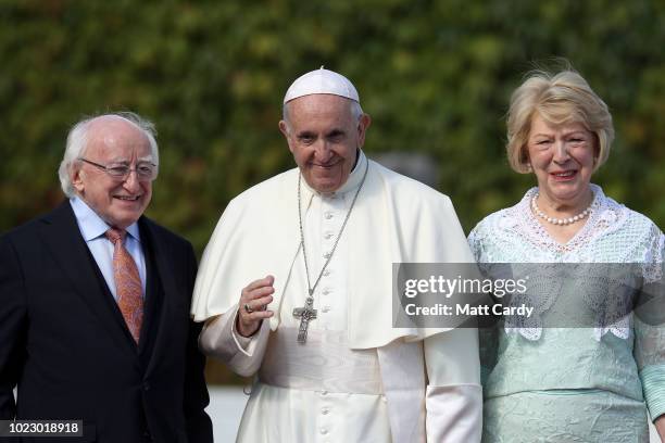 Pope Francis meets the President of Ireland Michael D. Higgins and his wife Sabina Coyne at Aras an Uachtarain on August 25, 2018 in Dublin, Ireland....