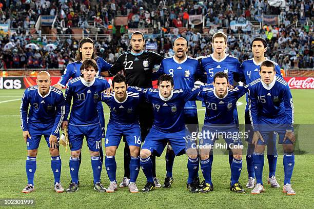 The Argentina team line up for a group photo during the 2010 FIFA World Cup South Africa Group B match between Greece and Argentina at Peter Mokaba...