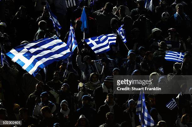 Greece flags fly prior to the 2010 FIFA World Cup South Africa Group B match between Greece and Argentina at Peter Mokaba Stadium on June 22, 2010 in...