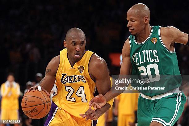 Kobe Bryant of the Los Angeles Lakers moves the ball in Game Seven of the 2010 NBA Finals against the Boston Celtics at Staples Center on June 17,...