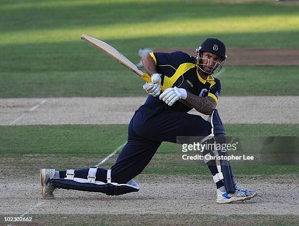 Nic Pothas of Hampshire in action during the Friends Provident Twenty20 match between Surrey and Hampshire at The Brit Oval on June 22, 2010 in...