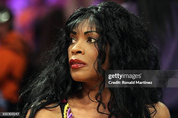 Pam Bryant, the mother of Kobe Bryant of the Los Angeles Lakers looks on from her seat in Game Seven of the 2010 NBA Finals against the Boston...