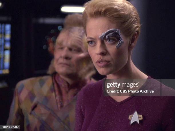 From left, American actors Ethan Phillips and Jeri Ryan in a scene from an episode of the television series 'Start Trek: Voyager' entitled...