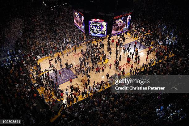 The Los Angeles Lakers celebrate on the court as the Lakers defeated the Boston Celtics 83-79 in Game Seven of the 2010 NBA Finals at Staples Center...