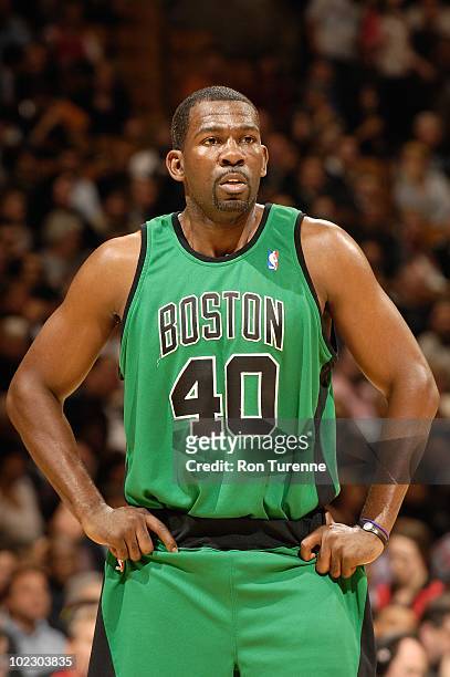 Michael Finley of the Boston Celtics stands on the court during the game against the Toronto Raptors on April 7, 2010 at the Air Canada Centre in...