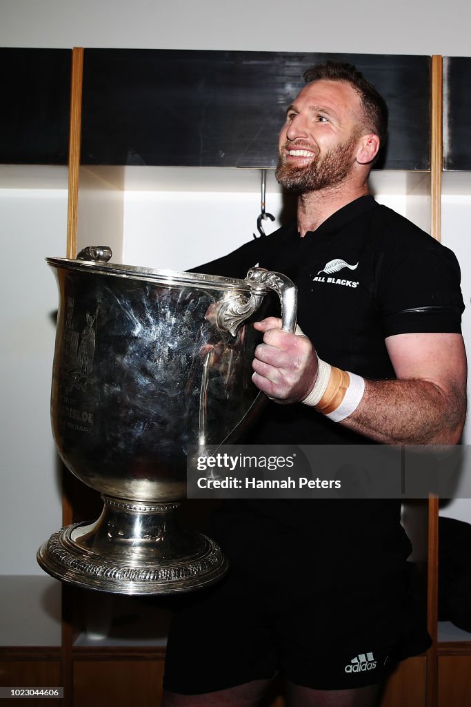 Kieran Reed Rugby Kieran Read of the All Blacks holds the Bledisloe Cup in the dressing ...