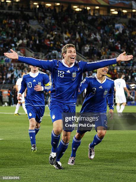 Martin Palermo of Argentina celebrates scoring the second goal during the 2010 FIFA World Cup South Africa Group B match between Greece and Argentina...