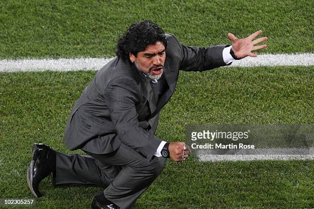 Diego Maradona head coach of Argentina reacts during the 2010 FIFA World Cup South Africa Group B match between Greece and Argentina at Peter Mokaba...
