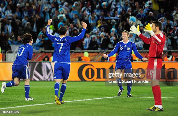 Martin Palermo of Argentina celebrates scoring the second goal during the 2010 FIFA World Cup South Africa Group B match between Greece and Argentina...