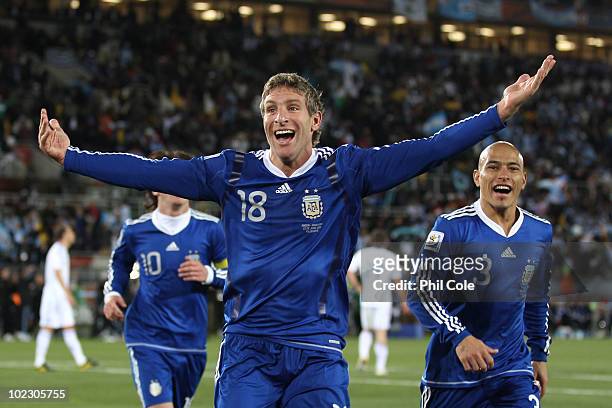 Martin Palermo of Argentina celebrates scoring the second goal during the 2010 FIFA World Cup South Africa Group B match between Greece and Argentina...