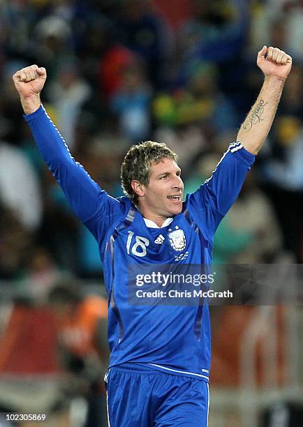 Martin Palermo of Argentina celebrates scoring the second goal during the 2010 FIFA World Cup South Africa Group B match between Greece and Argentina...