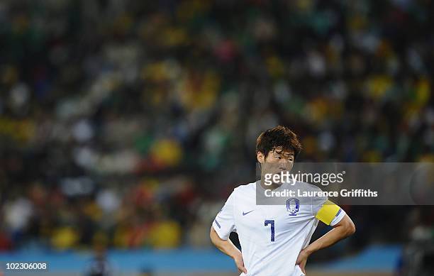 Park Ji-Sung of South Korea looks on during the 2010 FIFA World Cup South Africa Group B match between Nigeria and South Korea at Durban Stadium on...
