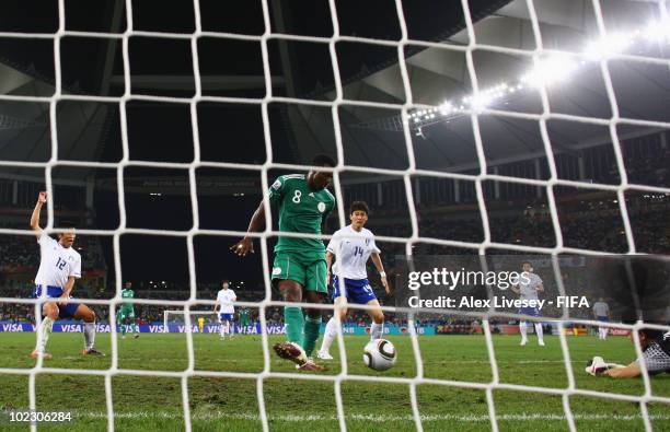 Yakubu Ayegbeni of Nigeria misses an open goal during the 2010 FIFA World Cup South Africa Group B match between Nigeria and South Korea at Durban...
