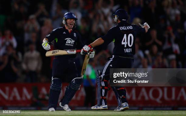 England batsman Eoin Morgan celebrates victory with Michael Yardy during the 1st Natwest One Day International between England and Australia at the...