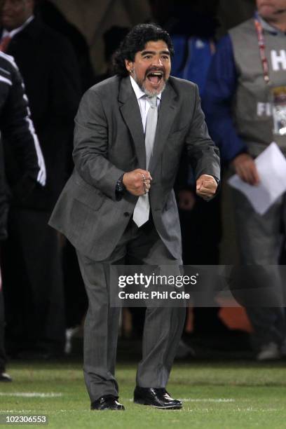 Diego Maradona head coach of Argentina gestures during the 2010 FIFA World Cup South Africa Group B match between Greece and Argentina at Peter...