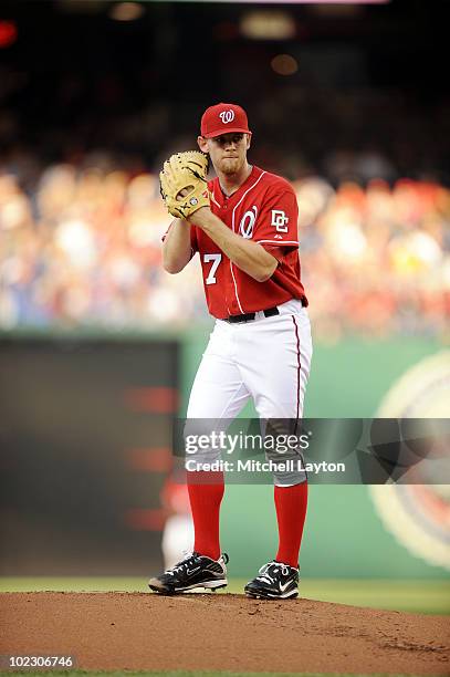 Stephen Strasburg of the Washington Nationals pitches during a baseball game against the Chicago White Sox on June 18, 2010 at Nationals Park in...