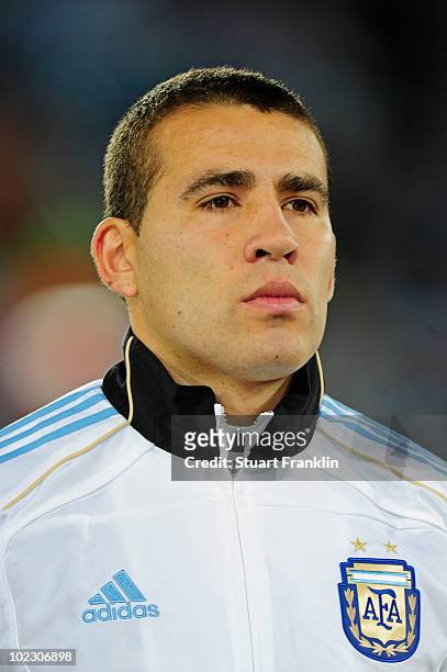 Nicolas Otamendi of Argentina lines up for the national anthems prior to the 2010 FIFA World Cup South Africa Group B match between Greece and...