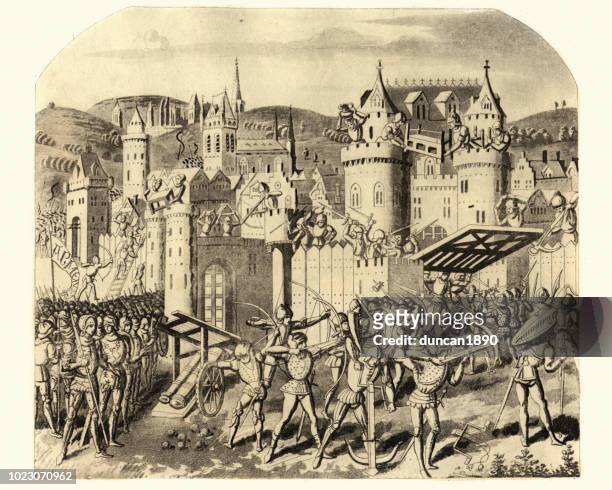 medieval siege warfare, count of hainaut attacking, aubenton, - hundred years war stock illustrations