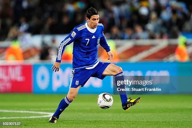 Angel Di Maria of Argentina in action during the 2010 FIFA World Cup South Africa Group B match between Greece and Argentina at Peter Mokaba Stadium...