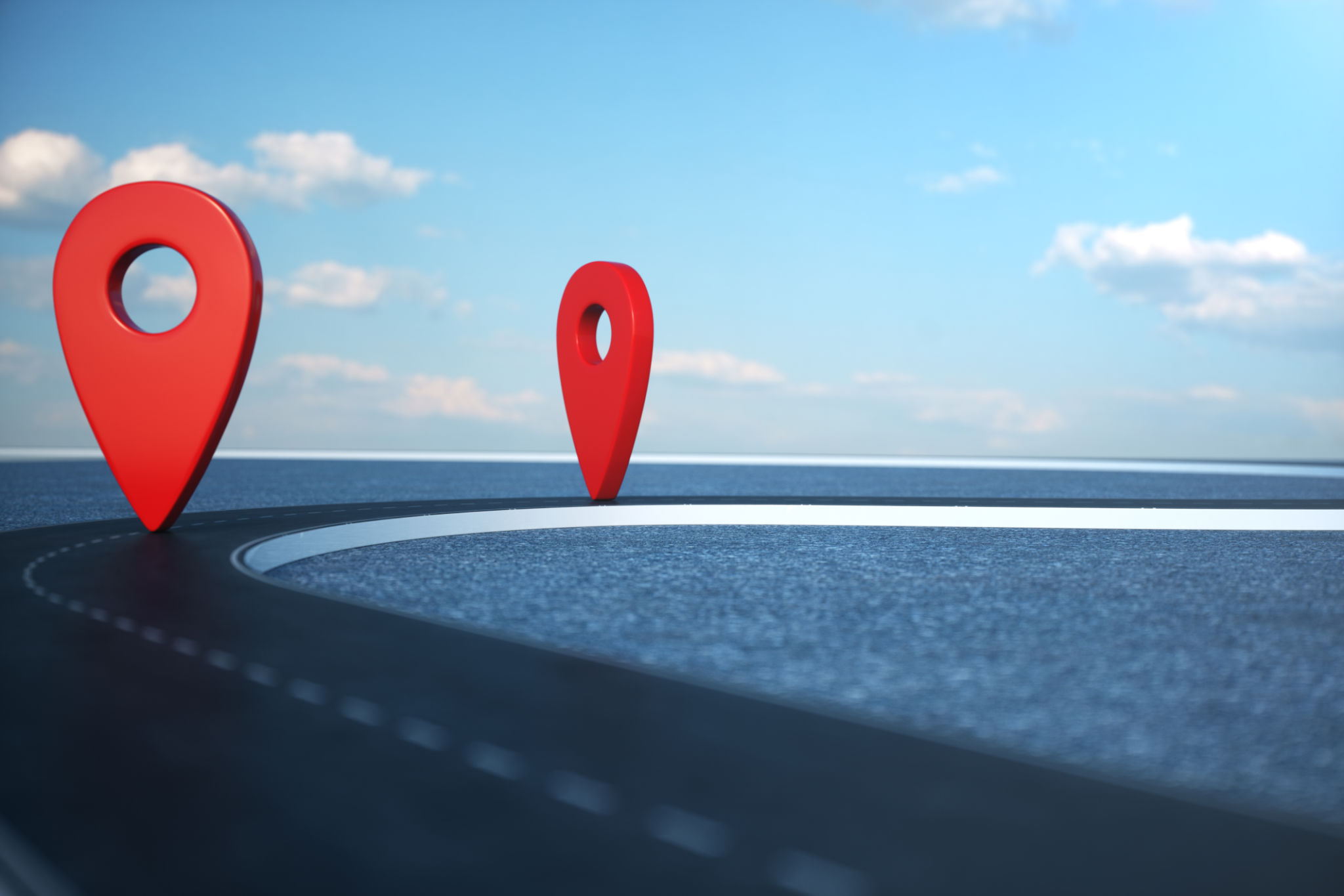 Road way location Infographic with pin pointers. Road way with red pointers. Road way on cloudy blue sky background. 3D illustration Road way location Infographic with pin pointers. Road way with red pointers. Road way on cloudy blue sky background. 3D illustration